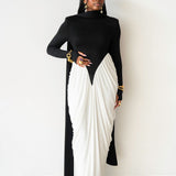 Luvie Long Sleeve Maxi Dress with Scarf in Black and White