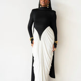Luvie Long Sleeve Maxi Dress with Scarf in Black and White