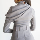 Nia Asymmetrical Shoulder Draped Long Sleeve Top in Grey