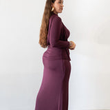 Mila Long Sleeve Top with Neck Ties and Central Draping in Plum