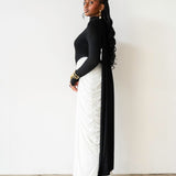 Luvie Long Sleeve Maxi Dress with Scarf in Black and White