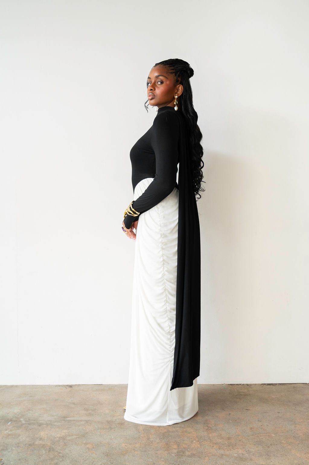 Luvie Long Sleeve Maxi Dress with Scarf in Black and White M Luvie Long Sleeve Maxi Dress with Scarf in Black and White M