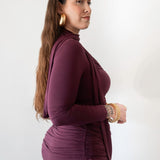 Mila Long Sleeve Top with Neck Ties and Central Draping in Plum