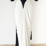 Luvie Long Sleeve Maxi Dress with Scarf in Black and White