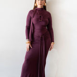 Mila Long Sleeve Top with Neck Ties and Central Draping in Plum