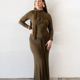 Mila Long Sleeve Top with Neck Ties and Central Draping in Olive Green