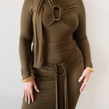 Mila Long Sleeve Top with Neck Ties and Central Draping in Olive Green