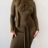 Mila Long Sleeve Top with Neck Ties and Central Draping in Olive Green