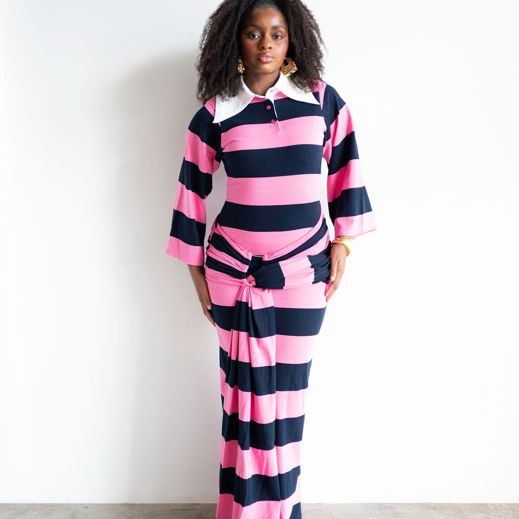 Onila Rugby Polo Maxi Dress in Pink and Navy Blue XS
