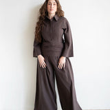 Ola Pinstripe Ruched High Waist Drawstring Hem Pants in Chocolate Brown