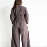Ola Pinstripe Ruched High Waist Drawstring Hem Pants in Chocolate Brown