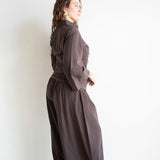 Ola Pinstripe Ruched High Waist Drawstring Hem Pants in Chocolate Brown