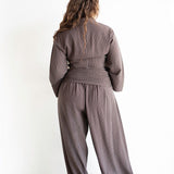 Ola Pinstripe Ruched High Waist Drawstring Hem Pants in Chocolate Brown