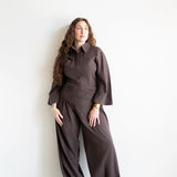 Ola Pinstripe Ruched High Waist Drawstring Hem Pants in Chocolate Brown
