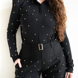 Damu Long Sleeve Collared Top with Gold Beads