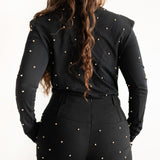 Damu Long Sleeve Collared Top with Gold Beads