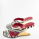 Abila Pony Hair Thong Wedge Sandal with Gold Heel in Zebra Print