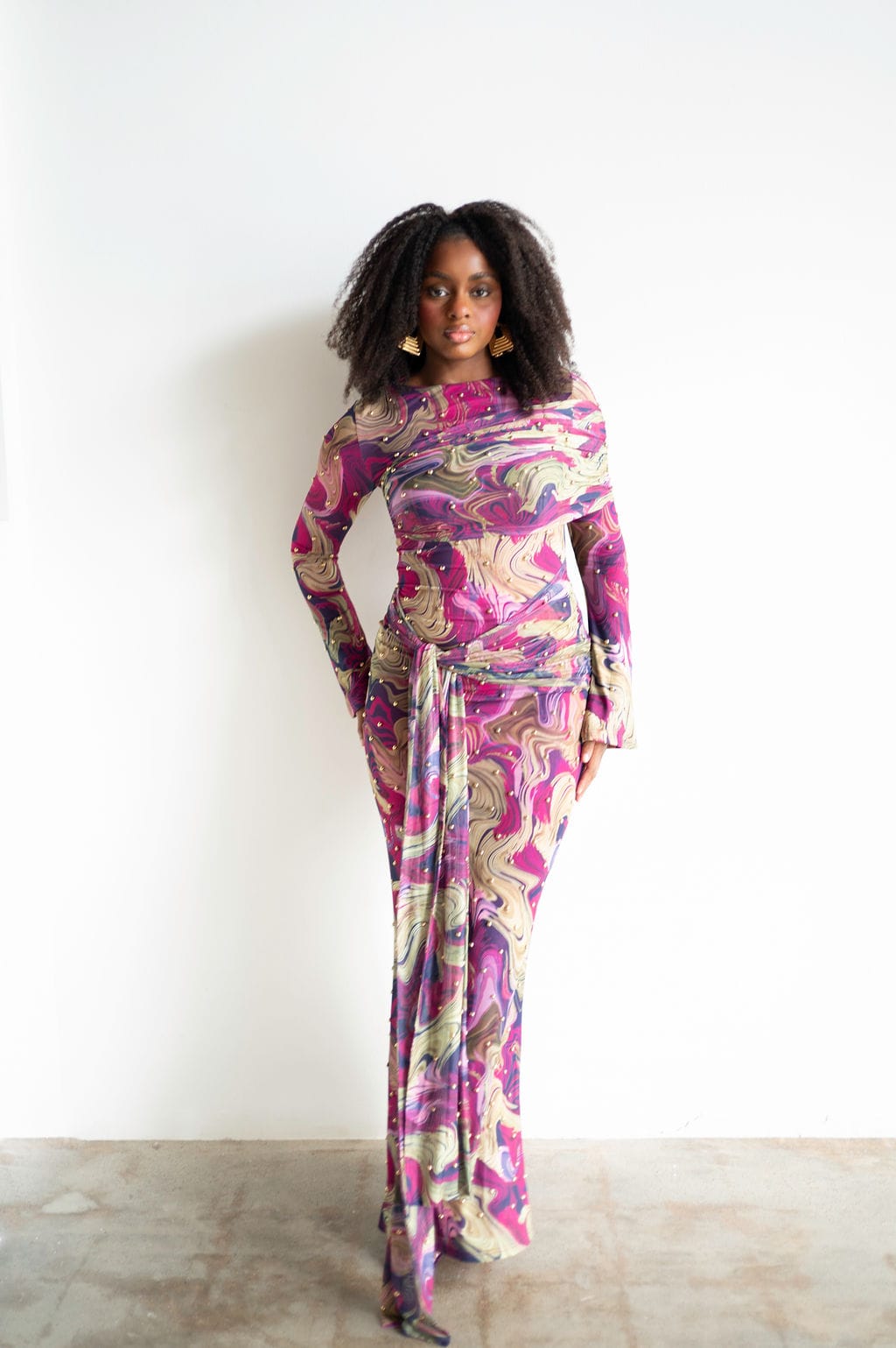 plum long dress with sleeves Reid | Long-Sleeve Gathered Maxi Package Contents Tala Long Sleeve Asymmetrical Drape
