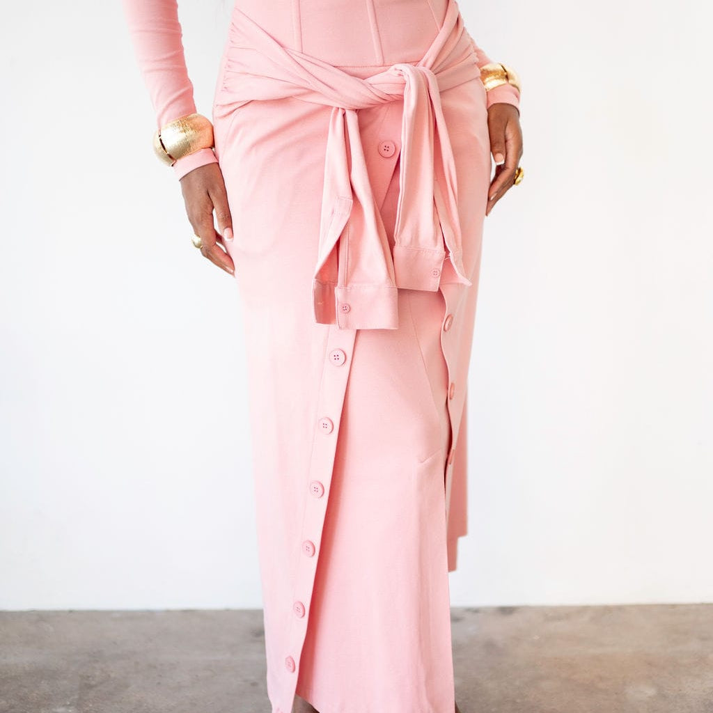Charli Asymmetrical Button Skirt with Ties in Baby Pink