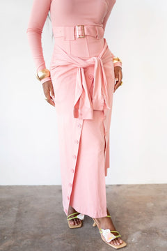 Charli Asymmetrical Button Skirt with Ties in Baby Pink