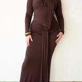 Mila Long Sleeve Top with Neck Ties and Central Draping in Mocha Brown