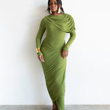Sitara Long Sleeve Draped Maxi Dress in Chartreuse Green