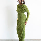 Sitara Long Sleeve Draped Maxi Dress in Chartreuse Green