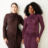 Mila Long Sleeve Top with Neck Ties and Central Draping in Plum