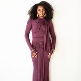 Mila Long Sleeve Top with Neck Ties and Central Draping in Plum