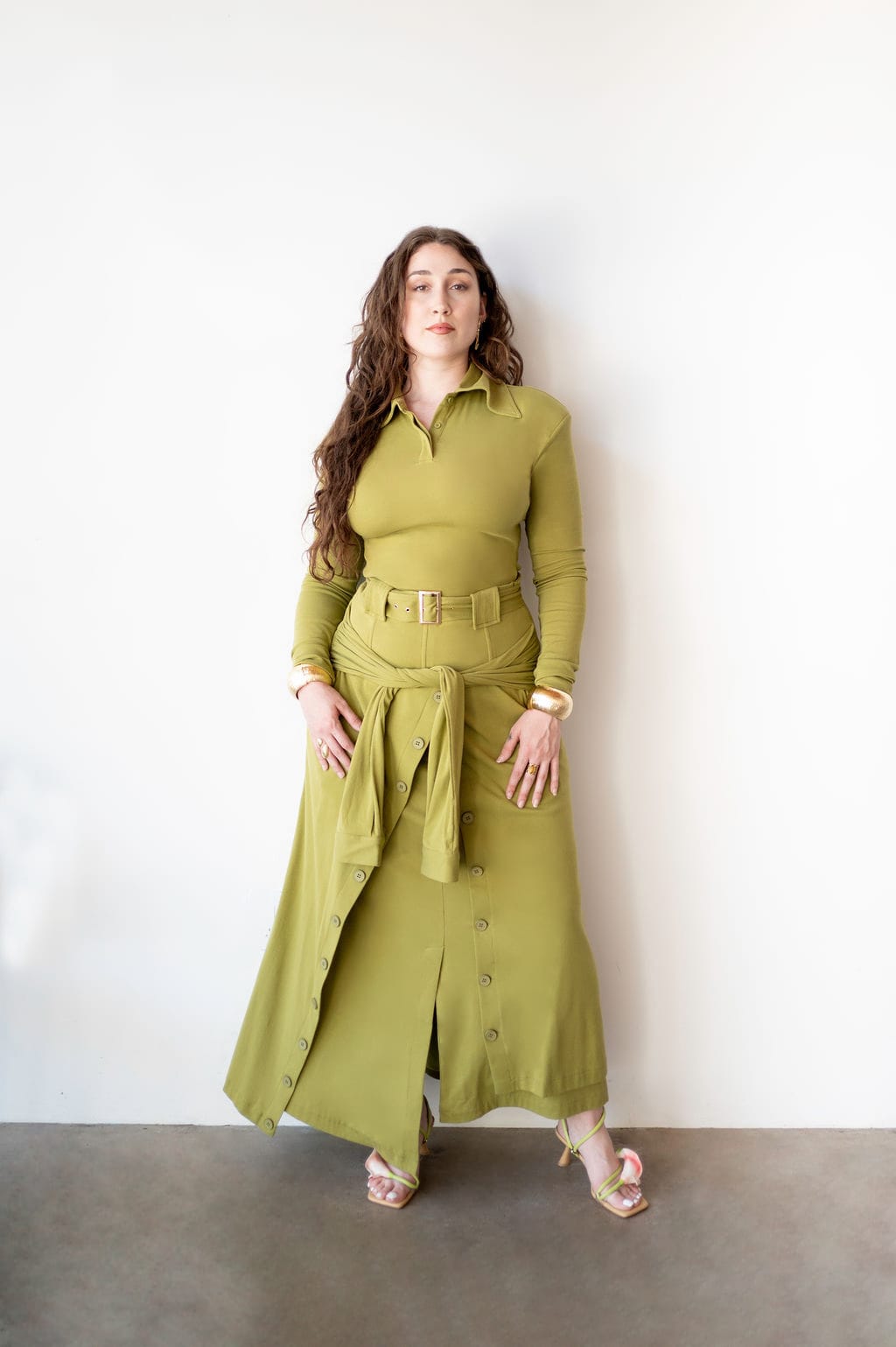 chartreuse brushed rib long sleeve ruched shirt dress Reiss