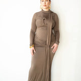 Mila Long Sleeve Top with Neck Ties and Central Draping in Taupe