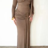 Mila Long Sleeve Top with Neck Ties and Central Draping in Taupe