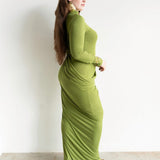 Asa Long Sleeve Draped Maxi Dress in Chartreuse Green