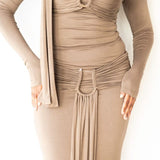 Mila Long Sleeve Top with Neck Ties and Central Draping in Taupe