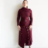 Lai High Waist Asymmetrical Button Skirt in Maroon with Gold Buttons