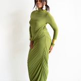 Asa Long Sleeve Draped Maxi Dress in Chartreuse Green