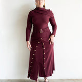 Lai High Waist Asymmetrical Button Skirt in Maroon with Gold Buttons