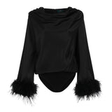 Zaina Feather Sleeve Draped Bodysuit- Black