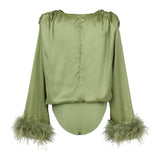 Zaina Feather Sleeve Draped Bodysuit- Sage