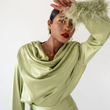 Zaina Feather Sleeve Draped Bodysuit- Sage