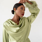 Zaina Feather Sleeve Draped Bodysuit- Sage