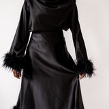 Zaina Feather Sleeve Draped Bodysuit- Black