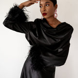 Zaina Feather Sleeve Draped Bodysuit- Black