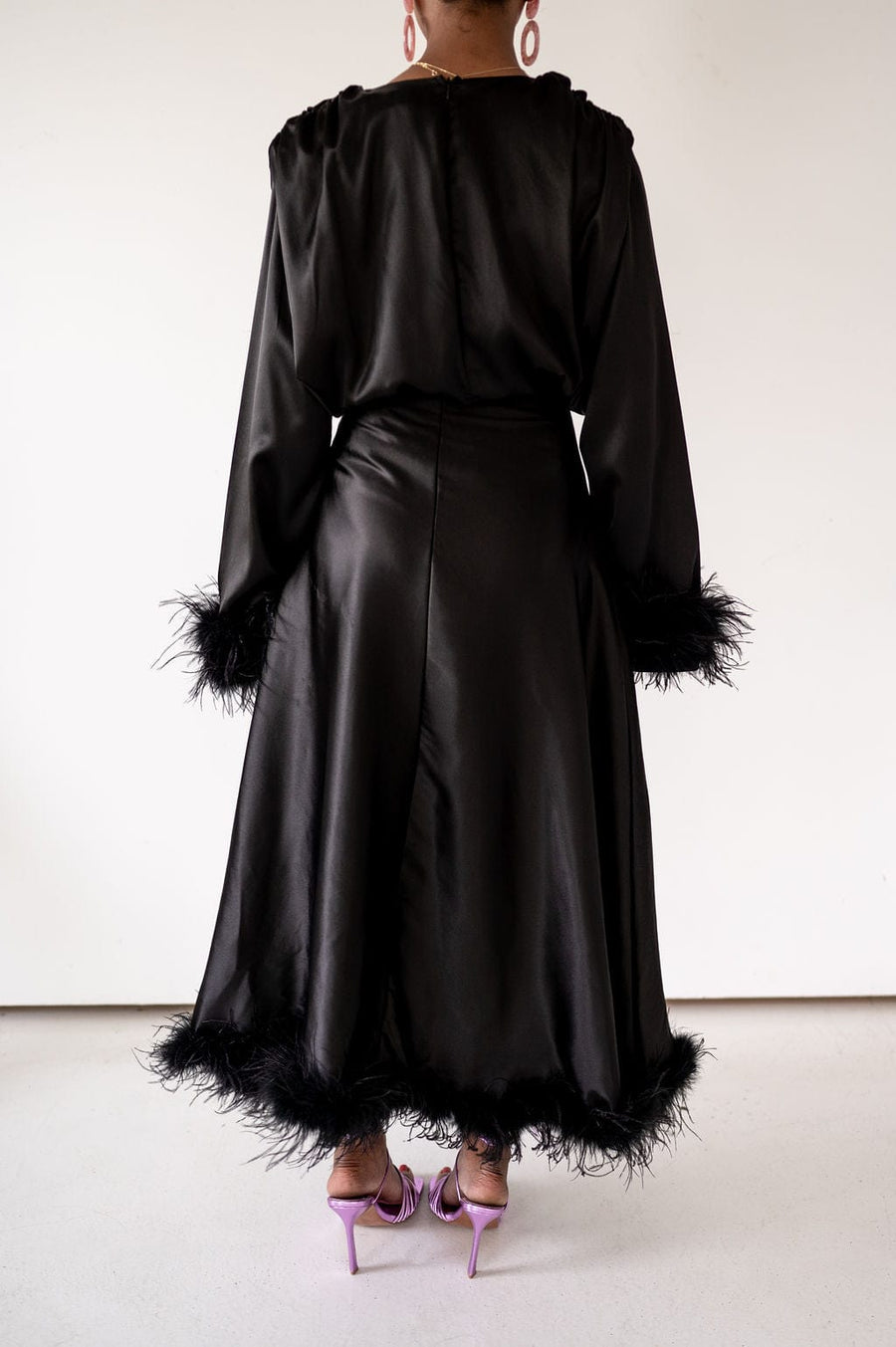 Zaina Feather Sleeve Draped Bodysuit- Black