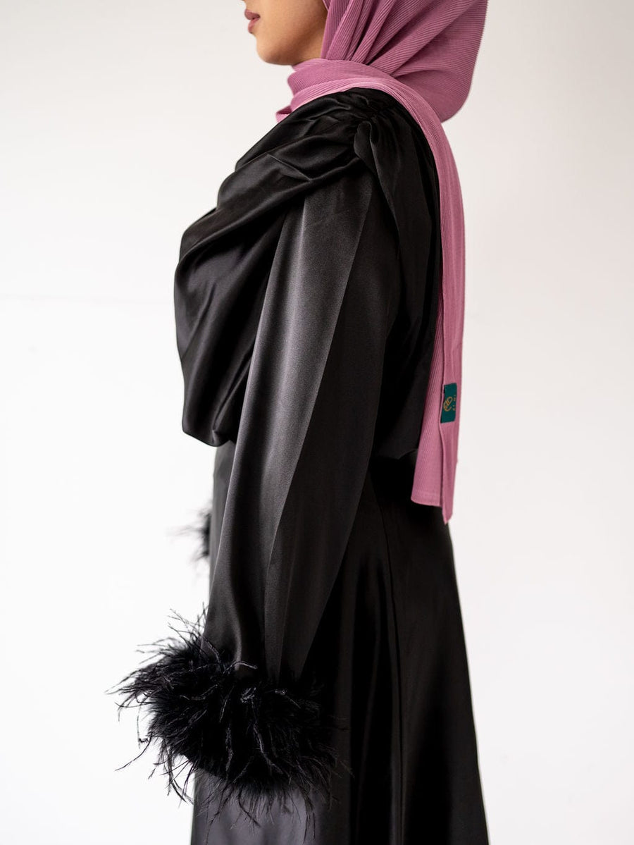 Zaina Feather Sleeve Draped Bodysuit- Black