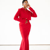 Maida Cropped Blazer and Draped Maxi Skirt Set Red